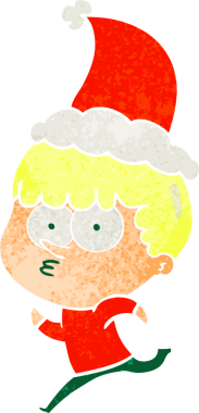 Bir insan tarafından çizilmiş Noel Baba şapkası giymiş meraklı bir çocuğun el çizimi karikatürü.