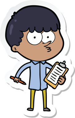 Bir çizgi film karakterinin çıkartması. Meraklı bir çocuk bir insan tarafından çizilmiş notlar alıyor.