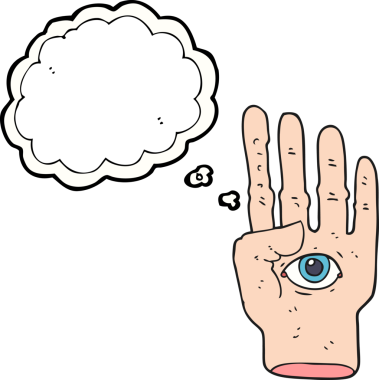 Serbest çizim düşünce balonu karikatürü. Bir insan tarafından çizilmiş göz küresi olan ürkütücü el.