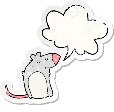 Konuşma baloncuğu olan şişman bir fare, bir insan tarafından çizilmiş sıkıntılı eski bir çıkartma.