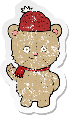 Bir insan tarafından çizilmiş şapkalı çizgi film ayısının gerilimli çıkartması.