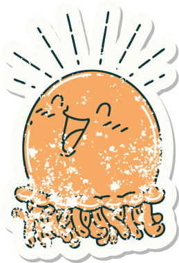 Dövme stili eski bir çıkartma. Bir insan tarafından çizilmiş mutlu denizanası.