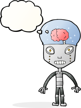 Bir insan tarafından çizilmiş düşünce baloncuğu olan garip bir robot.