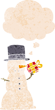 Düşünce baloncuğu ve grunge ile kardan adam çizgi film insan tarafından çizilmiş tedirgin retro tarzı