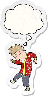 Düşünce baloncuğu olan çizgi film dansçısı bir insan tarafından çizilmiş yıpranmış bir çıkartma.