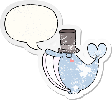 Konuşması kabarcıklı silindir şapkalı çizgi film balinası bir insan tarafından çizilmiş sıkıntılı eski bir çıkartma