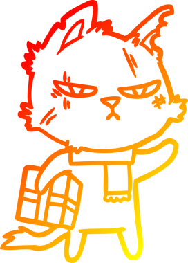 Sert bir çizgi film kedisinin sıcak gradyan çizimi. Bir insan tarafından çizilmiş Noel hediyesi.