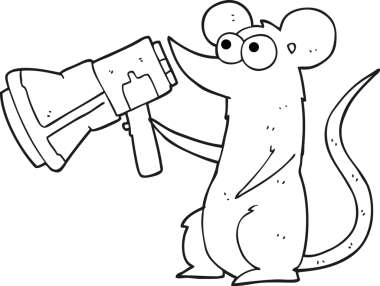 Bir insan tarafından çizilmiş megafonlu siyah beyaz çizgi film faresi.