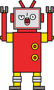 Bir insan tarafından çizilmiş kızgın bir robotun sevimli karikatürü.