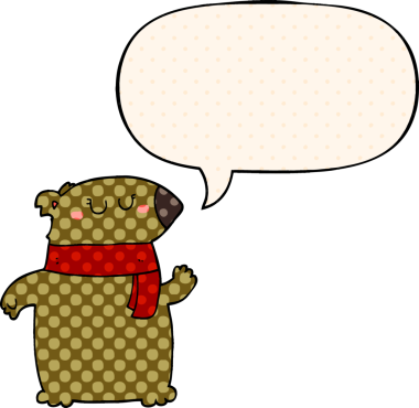 Çizgi roman tarzında bir insan tarafından çizilmiş, atkısı ve konuşma baloncuğu olan çizgi film ayısı.