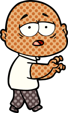 Bir insan tarafından çizilmiş yorgun, kel bir adam.