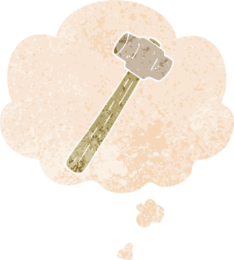 Düşünce baloncuklu çizgi film balyozu grunge sıkıntılı retro desenli bir insan tarafından çizilmiş