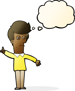 Bir insan tarafından çizilmiş düşünce baloncuğuyla gözlerini kısarak bakan çizgi film adamı.