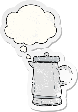 Düşünce baloncuklu eski bir çaydanlık insan tarafından çizilmiş yıpranmış bir çıkartma.