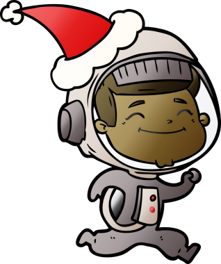 Noel Baba şapkası takan bir astronotun insan tarafından çizilmiş mutlu el çizimi karikatürü.