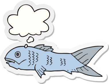 Düşünce baloncuklu karikatür balığı insan tarafından çizilmiş bir çıkartma.