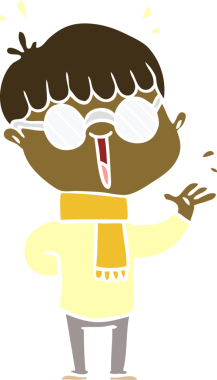 Bir insan tarafından çizilmiş gözlük takan düz renkli çizgi film çocuğu.