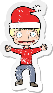 Bir insan tarafından çizilmiş Noel 'e hazır karikatürcü bir adamın gerilimli çıkartması.