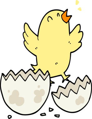 Bir insan tarafından çizilmiş yumurtadan çıkan çizgi film kuşu.