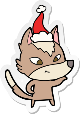 Bir insan tarafından çizilmiş Noel Baba şapkası takan bir kurt resmi.