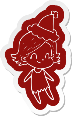 Bir insan tarafından çizilmiş Noel Baba şapkası giyen arkadaş canlısı bir kızın garip çizgi film etiketi.