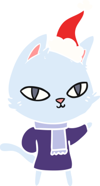 Bir insan tarafından çizilmiş Noel Baba şapkası takan bir kedinin düz renk çizimi.