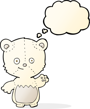 Bir insan tarafından çizilmiş düşünce baloncuğuyla el sallayan küçük kutup ayısı.