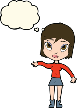 Bir insan tarafından çizilmiş düşünce baloncuğuyla el sallayan çizgi film kadını.