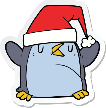 Bir insan tarafından çizilmiş Noel şapkası takan penguen karikatürü çıkartması.