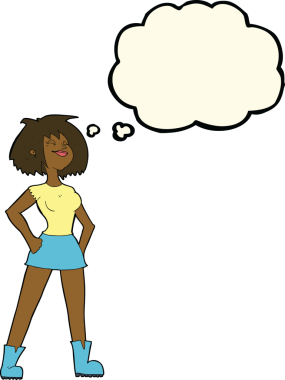 Bir insan tarafından çizilmiş düşünce baloncuğu olan yetenekli bir kadın.