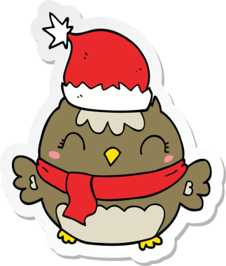 Bir insan tarafından çizilmiş şirin bir Noel baykuşunun çıkartması.