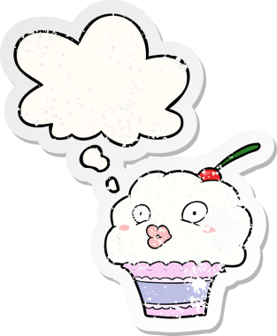 Düşünce baloncuklu çizgi film keki bir insan tarafından çizilmiş yıpranmış bir çıkartma.