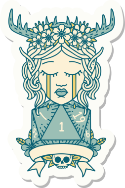 Hüzünlü bir Elf Druid karakterinin çıkartması. İnsan tarafından çizilmiş doğal bir D20 rulo.