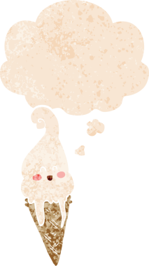 Düşünce baloncuklu çizgi film dondurması grunge sıkıntılı retro desenli bir insan tarafından çizilmiş