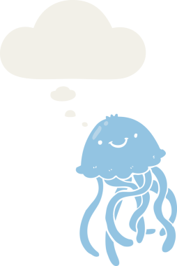 Bir insan tarafından çizilmiş düşünce baloncuklu mutlu denizanası çizgi filmi.