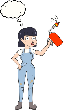 Bir insan tarafından çizilmiş tulumlu balon baloncuklu kadın.