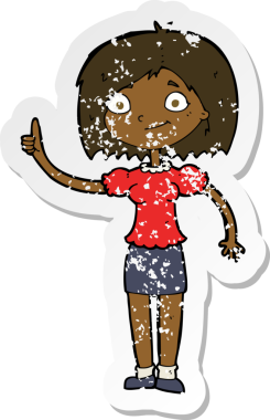 İnsan tarafından çizilmiş bir fikri olan karikatür bir kadının gerilimli retro yapıştırması.