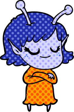 Bir insan tarafından çizilmiş gülümseyen uzaylı kız çizgi filmi.