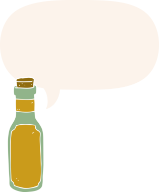 bir insan tarafından çizilmiş retro tarzı konuşma baloncuğu olan karikatür iksiri şişesi