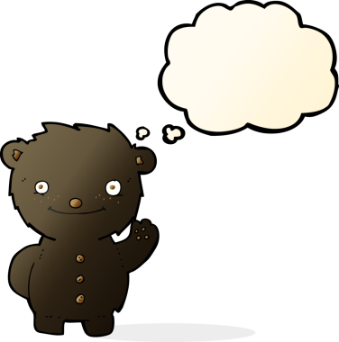 Bir insan tarafından çizilmiş düşünce balonlu siyah ayı sallayan çizgi film.