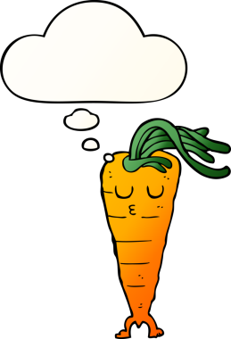 Düşünce baloncuğu olan çizgi film havucu bir insan tarafından çizilmiş.