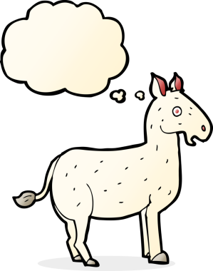 Bir insan tarafından çizilmiş düşünce kabarcığı olan çizgi film katırı.