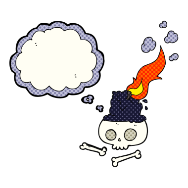 Düşünce baloncuğu karikatürü, insan tarafından çizilmiş kafatası üzerinde yanan mum.