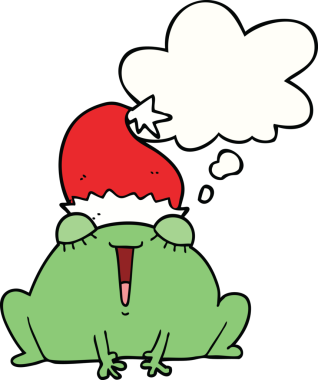 Bir insan tarafından çizilmiş düşünce baloncuğu olan şirin bir çizgi roman Noel kurbağası.