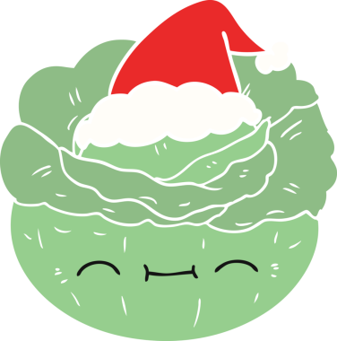 Bir insan tarafından çizilmiş Noel Baba şapkası takan bir lahananın düz renkli çizimi.