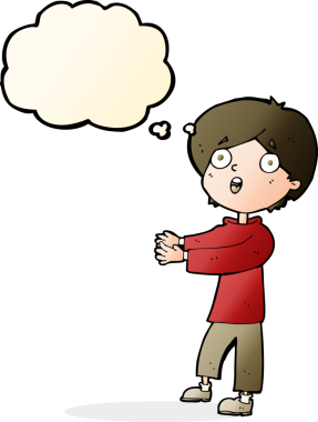 Bir insan tarafından çizilmiş düşünce balonuyla şok olmuş bir çocuk.