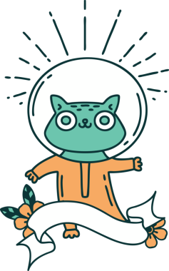 Bir insan tarafından çizilmiş astronot kostümlü dövme stili bir kedi.