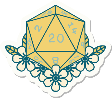 Bir insan tarafından çizilmiş 20 D20 zarının etiketi.