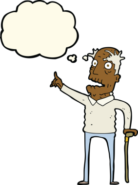 Bir insan tarafından çizilmiş düşünce balonuyla yürüyen yaşlı bir adam.