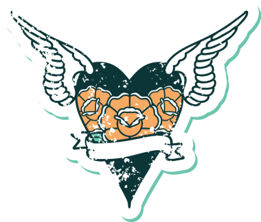 Bir insan tarafından çizilmiş çiçek ve pankartıyla uçan bir kalbin sembolik dövmeli resmi.